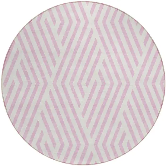 Pink and White Round Geometric Washable Non Skid Indoor Outdoor Area Rug Photo 2
