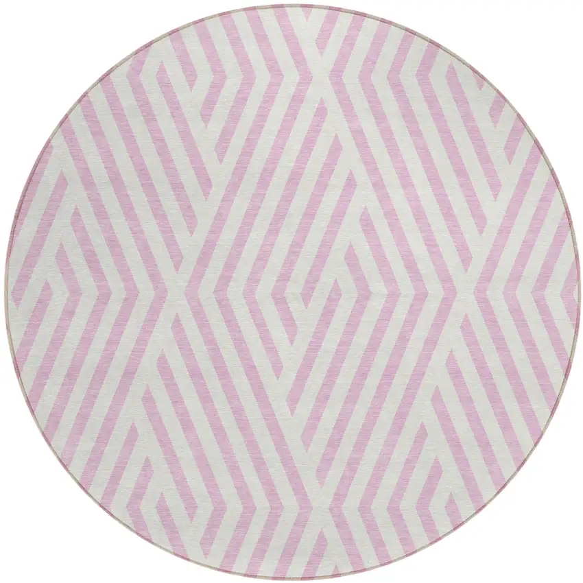 Pink and White Round Geometric Washable Non Skid Indoor Outdoor Area Rug Photo 2