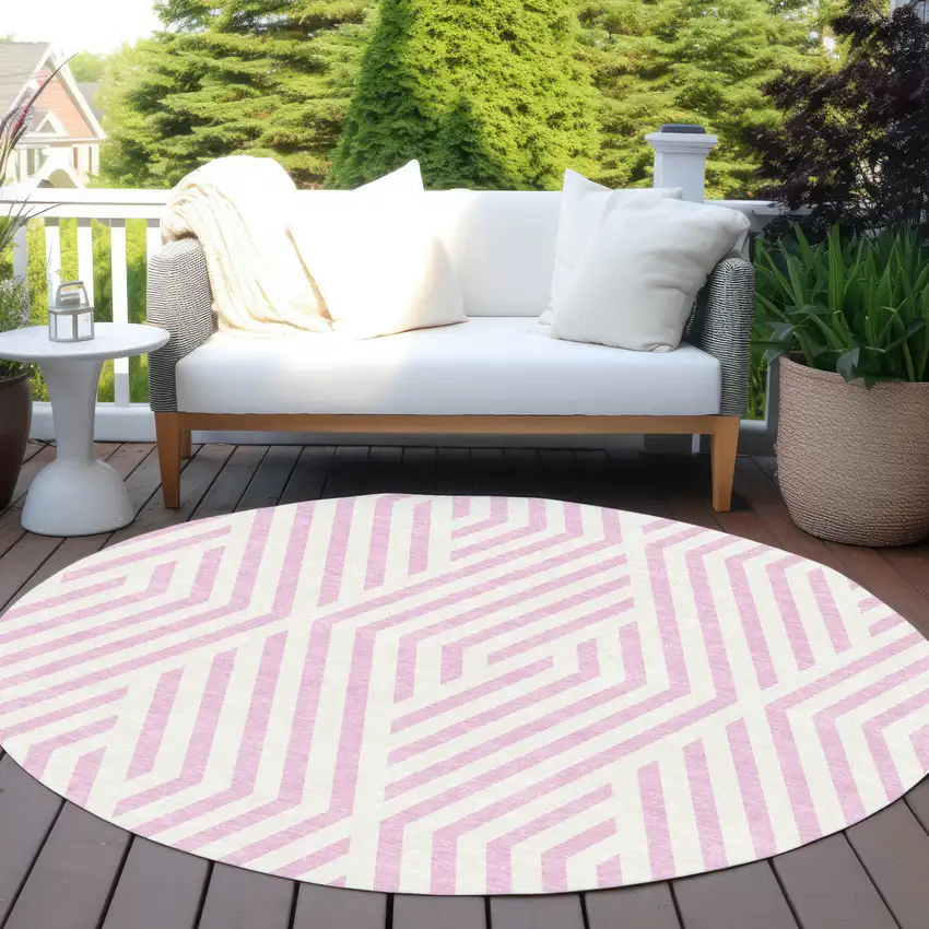 Pink and White Round Geometric Washable Non Skid Indoor Outdoor Area Rug Photo 8