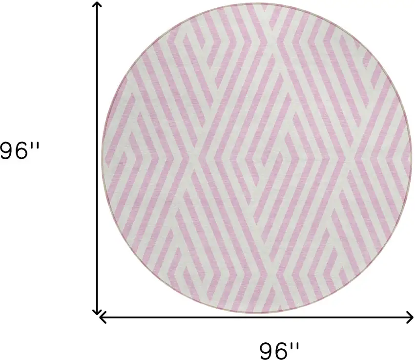 Pink and White Round Geometric Washable Non Skid Indoor Outdoor Area Rug Photo 3