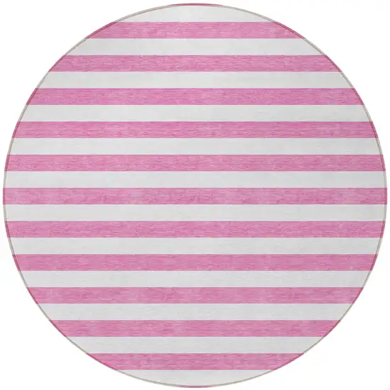 8' Round Pink and White Round Striped Washable Non Skid Indoor Outdoor Area Rug Photo 5