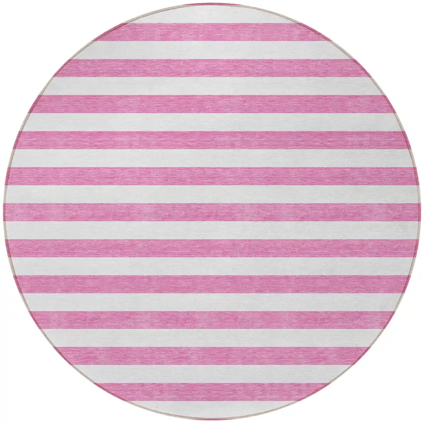 8' Round Pink and White Round Striped Washable Non Skid Indoor Outdoor Area Rug Photo 5