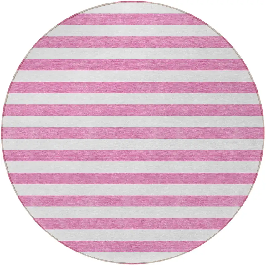 8' Round Pink and White Round Striped Washable Non Skid Indoor Outdoor Area Rug Photo 5
