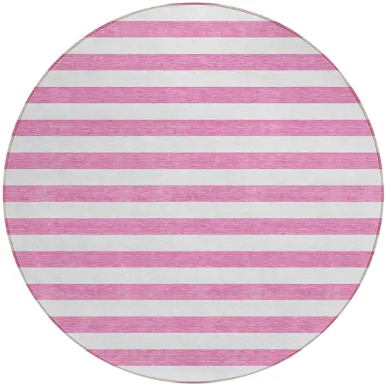 8' Round Pink and White Round Striped Washable Non Skid Indoor Outdoor Area Rug Photo 2