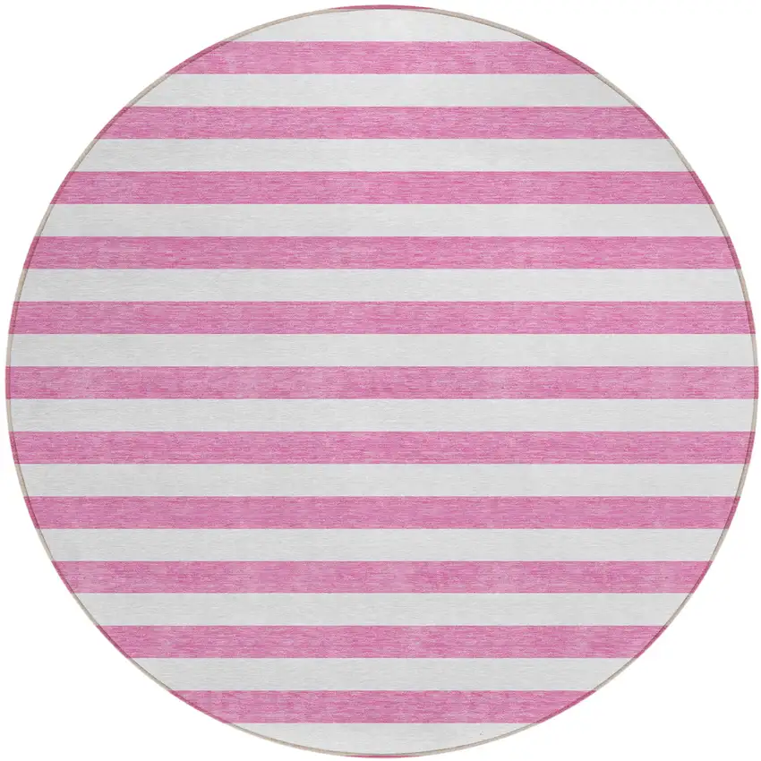 8' Round Pink and White Round Striped Washable Non Skid Indoor Outdoor Area Rug Photo 2