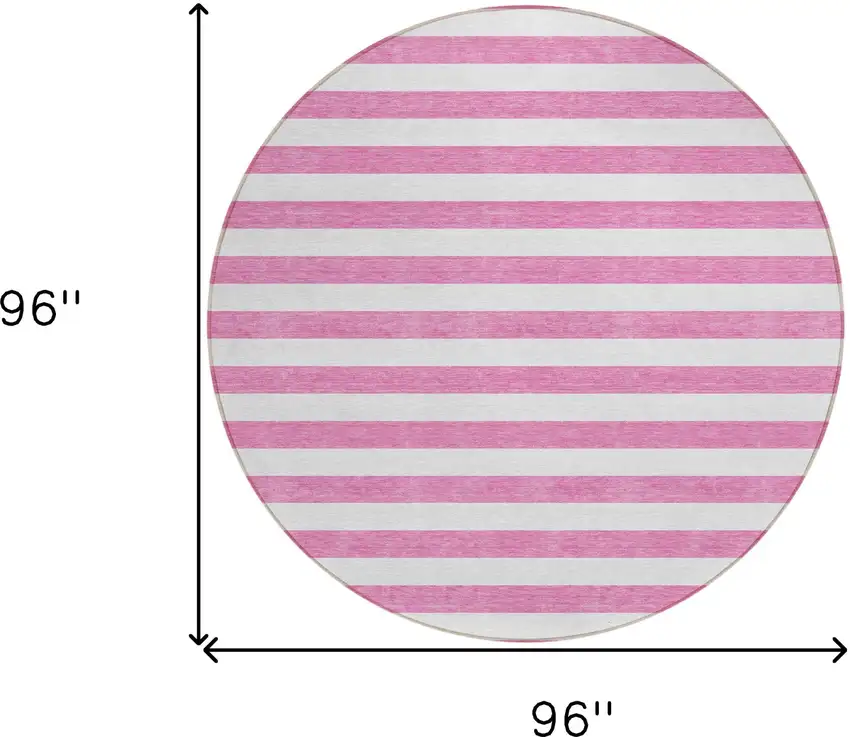 Pink and White Round Striped Washable Non Skid Indoor Outdoor Area Rug Photo 3