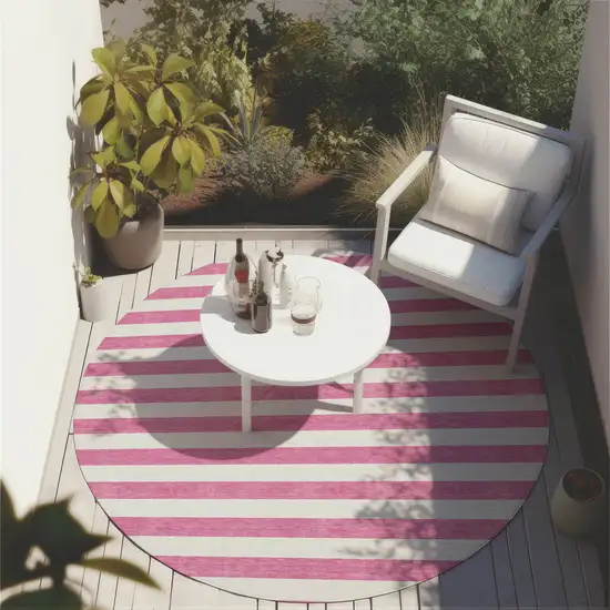 Pink and White Round Striped Washable Non Skid Indoor Outdoor Area Rug Photo 8