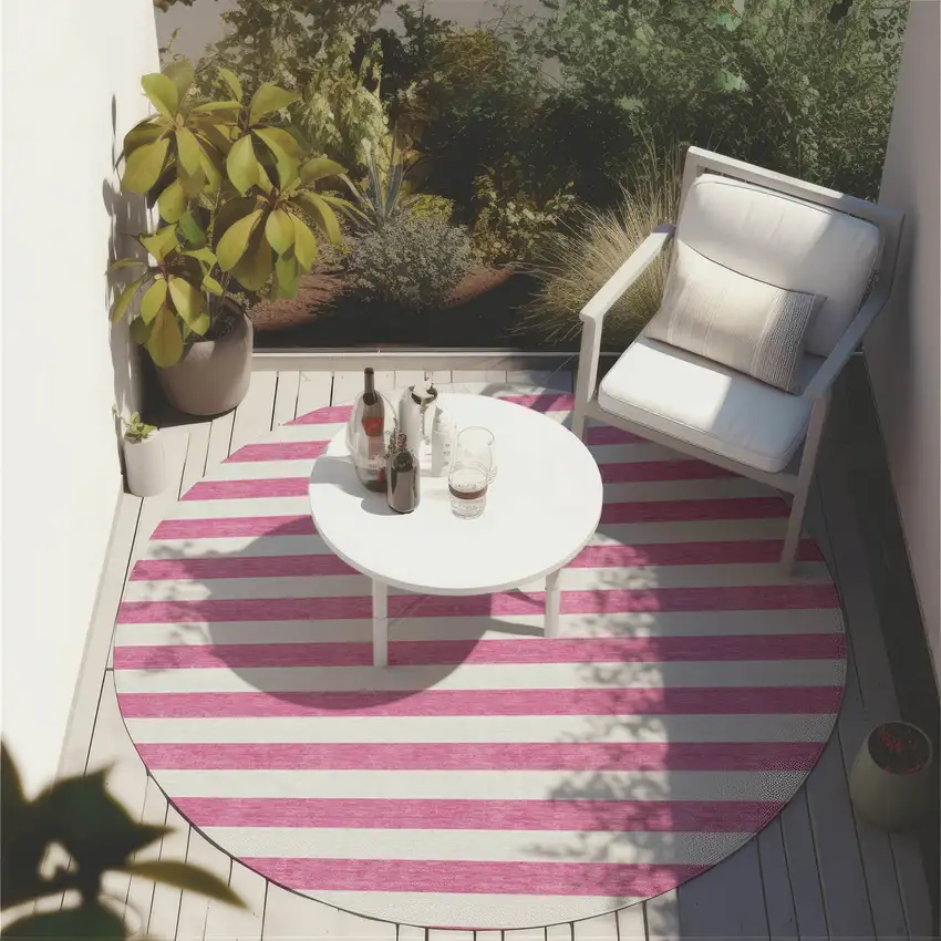 Pink and White Round Striped Washable Non Skid Indoor Outdoor Area Rug Photo 8
