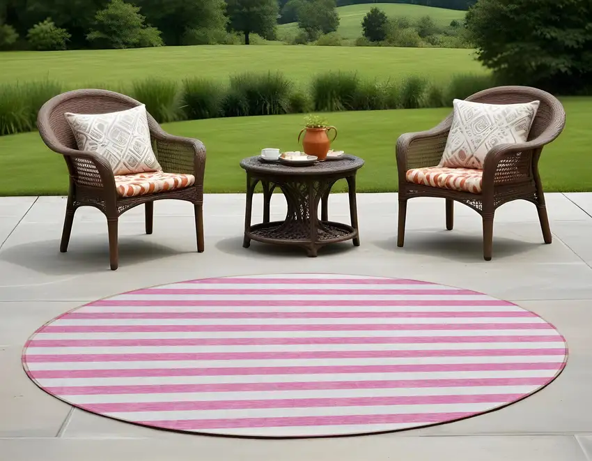 8' Round Pink and White Round Striped Washable Non Skid Indoor Outdoor Area Rug Photo 1