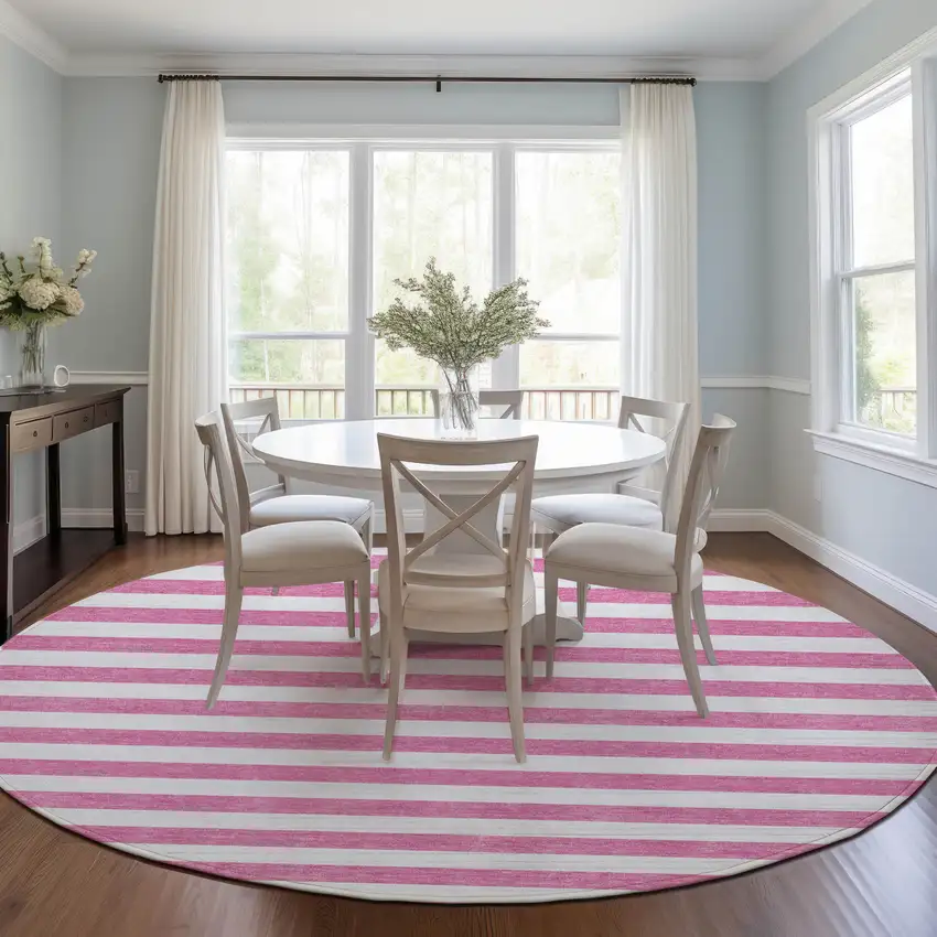 Pink and White Round Striped Washable Non Skid Indoor Outdoor Area Rug Photo 9