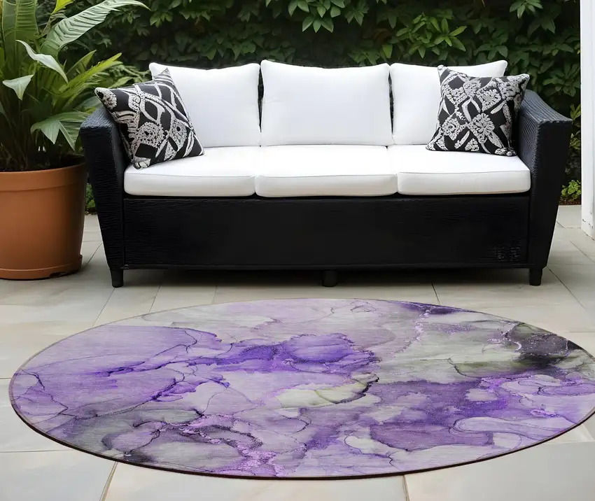 8' Round Purple Round Abstract Washable Non Skid Indoor Outdoor Area Rug Photo 1
