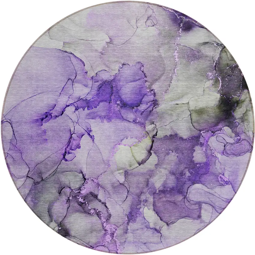 8' Round Purple Round Abstract Washable Non Skid Indoor Outdoor Area Rug Photo 2