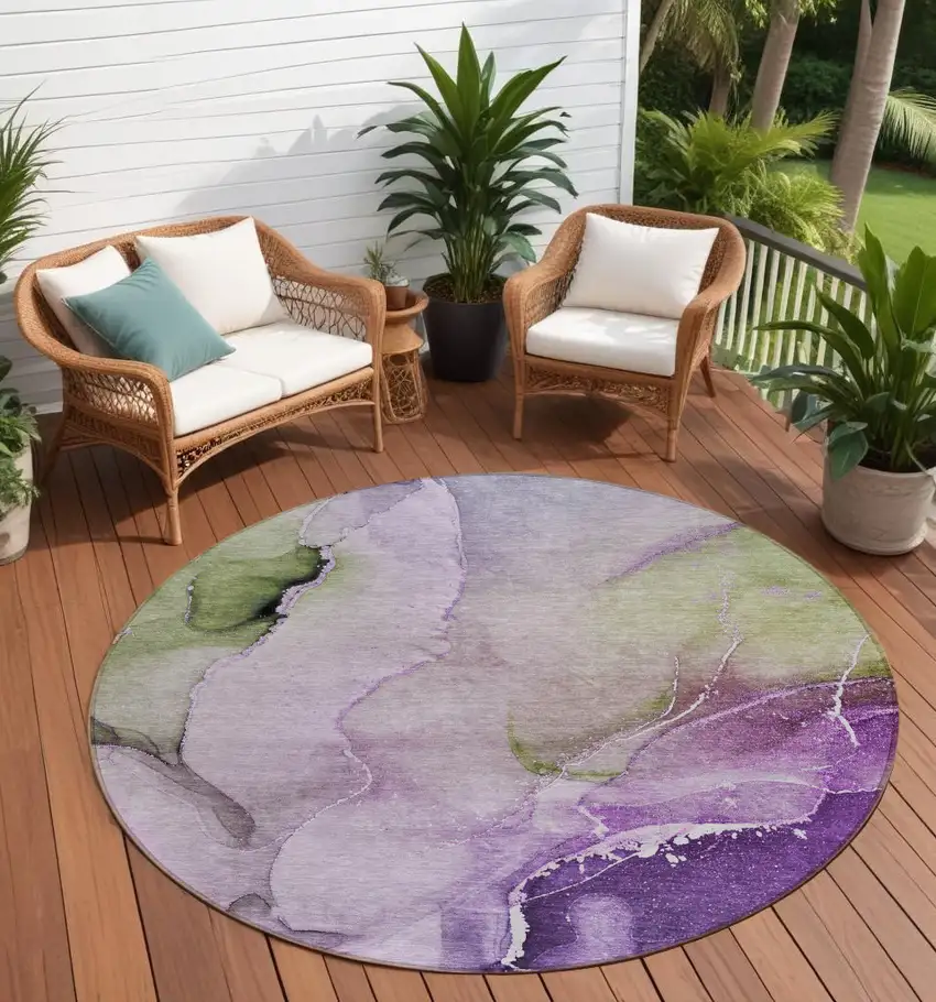 8' Round Purple Round Abstract Washable Non Skid Indoor Outdoor Area Rug Photo 2