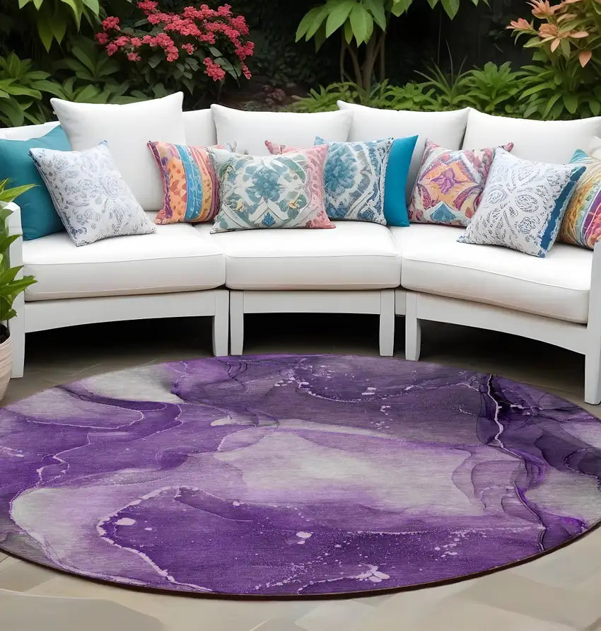 Purple Round Abstract Washable Non Skid Indoor Outdoor Area Rug Photo 1