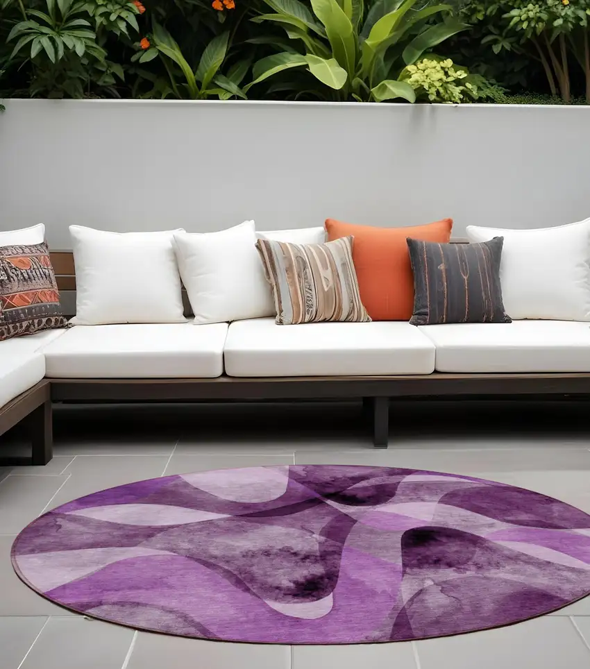 Purple Round Abstract Washable Non Skid Indoor Outdoor Area Rug Photo 1
