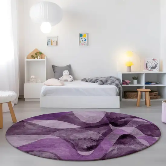 Purple Round Abstract Washable Non Skid Indoor Outdoor Area Rug Photo 7