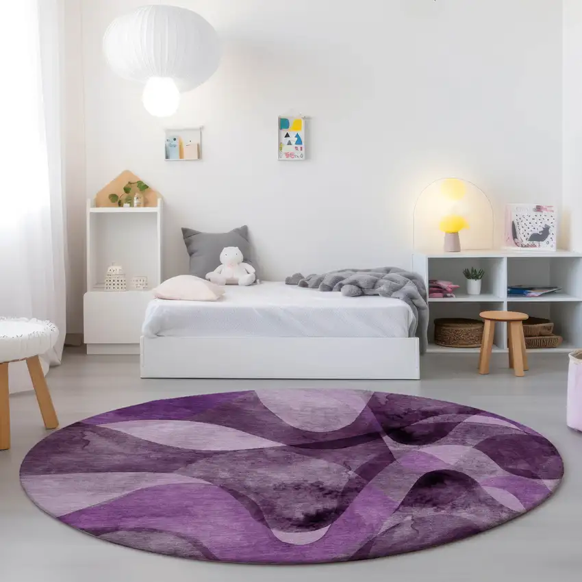 Purple Round Abstract Washable Non Skid Indoor Outdoor Area Rug Photo 7