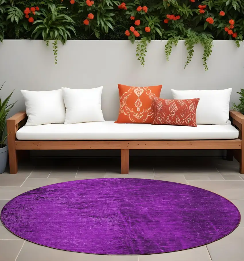 8' Round Purple Round Abstract Washable Non Skid Indoor Outdoor Area Rug Photo 1