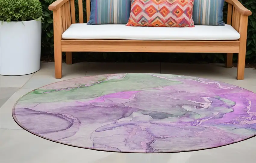 8' Round Purple Round Abstract Washable Non Skid Indoor Outdoor Area Rug Photo 1