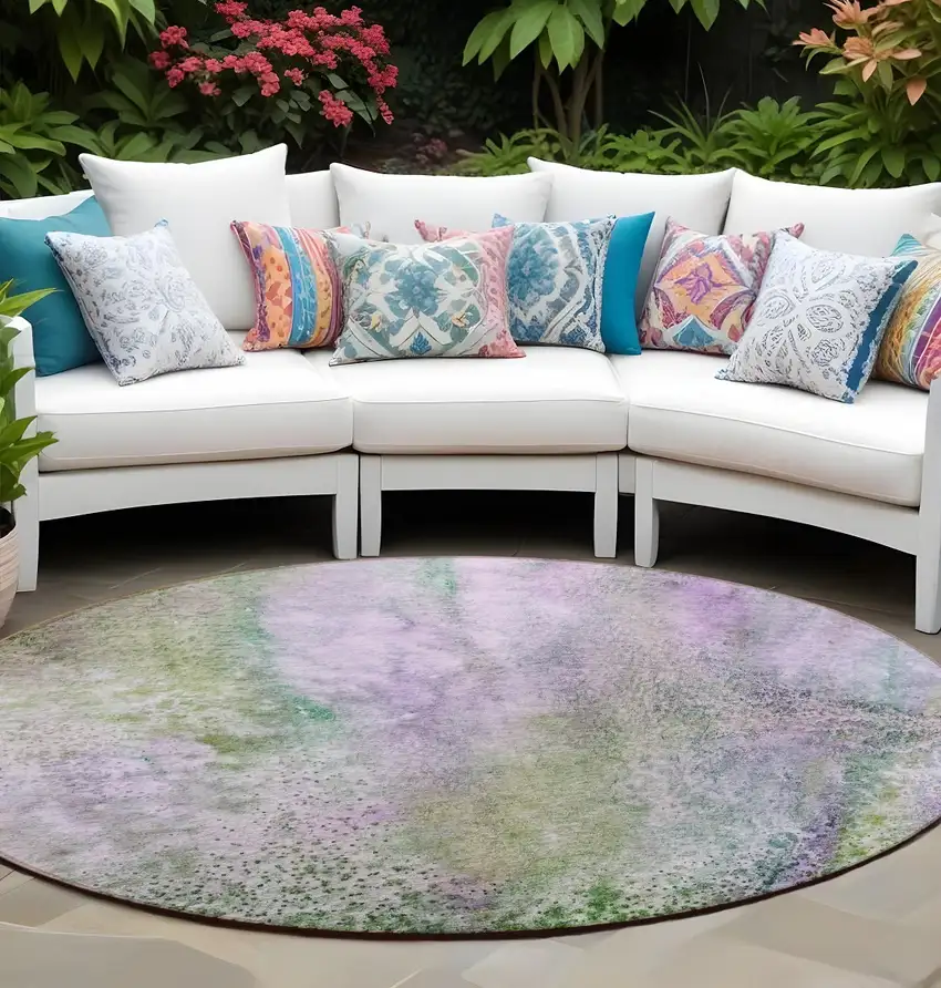 Purple Round Abstract Washable Non Skid Indoor Outdoor Area Rug Photo 1