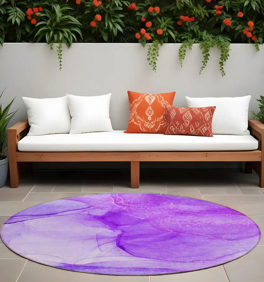 8' Round Purple Round Abstract Washable Non Skid Indoor Outdoor Area Rug Photo 1