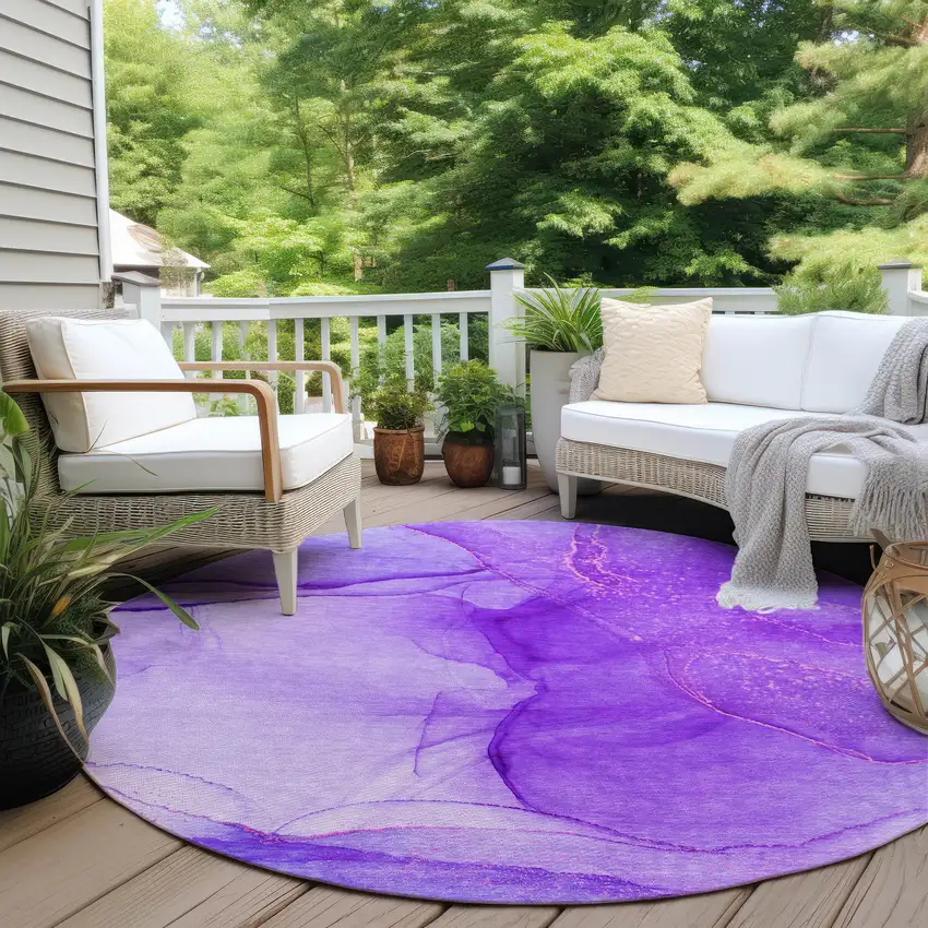 8' Round Purple Round Abstract Washable Non Skid Indoor Outdoor Area Rug Photo 8