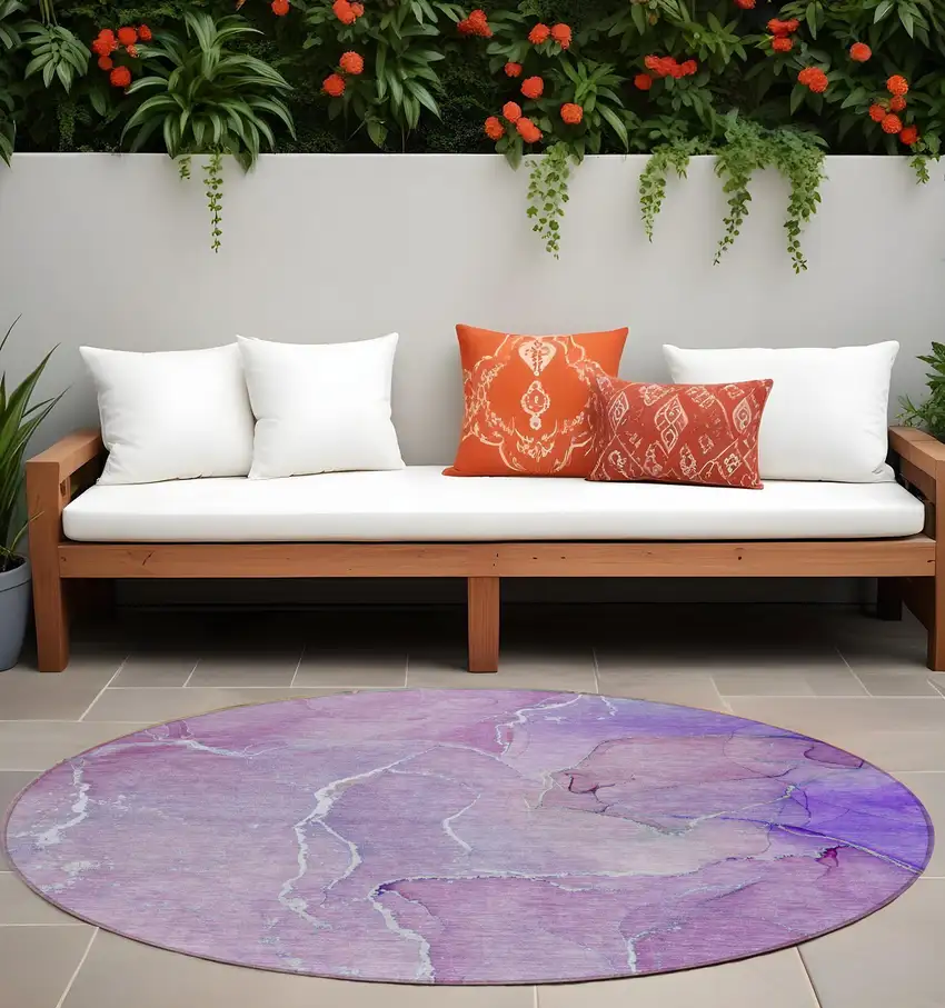Purple Round Abstract Washable Non Skid Indoor Outdoor Area Rug Photo 1