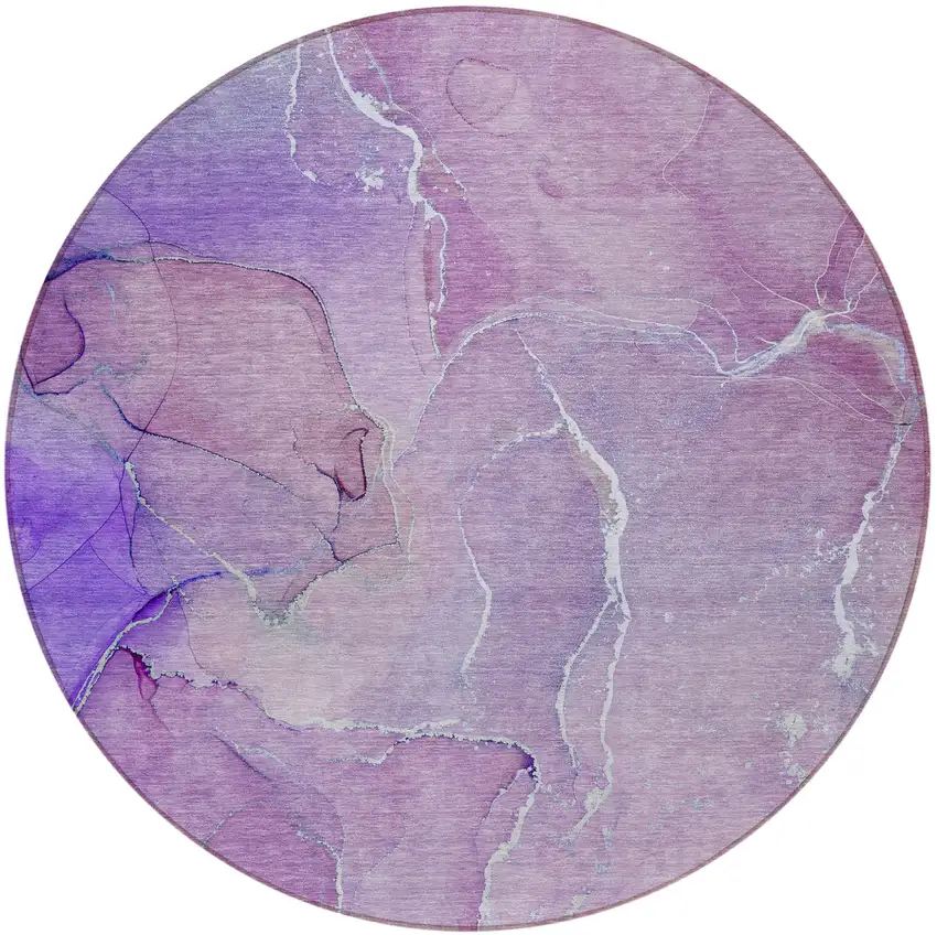 8' Round Purple Round Abstract Washable Non Skid Indoor Outdoor Area Rug Photo 5