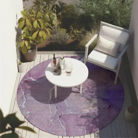 8' Round Purple Round Abstract Washable Non Skid Indoor Outdoor Area Rug Photo 8