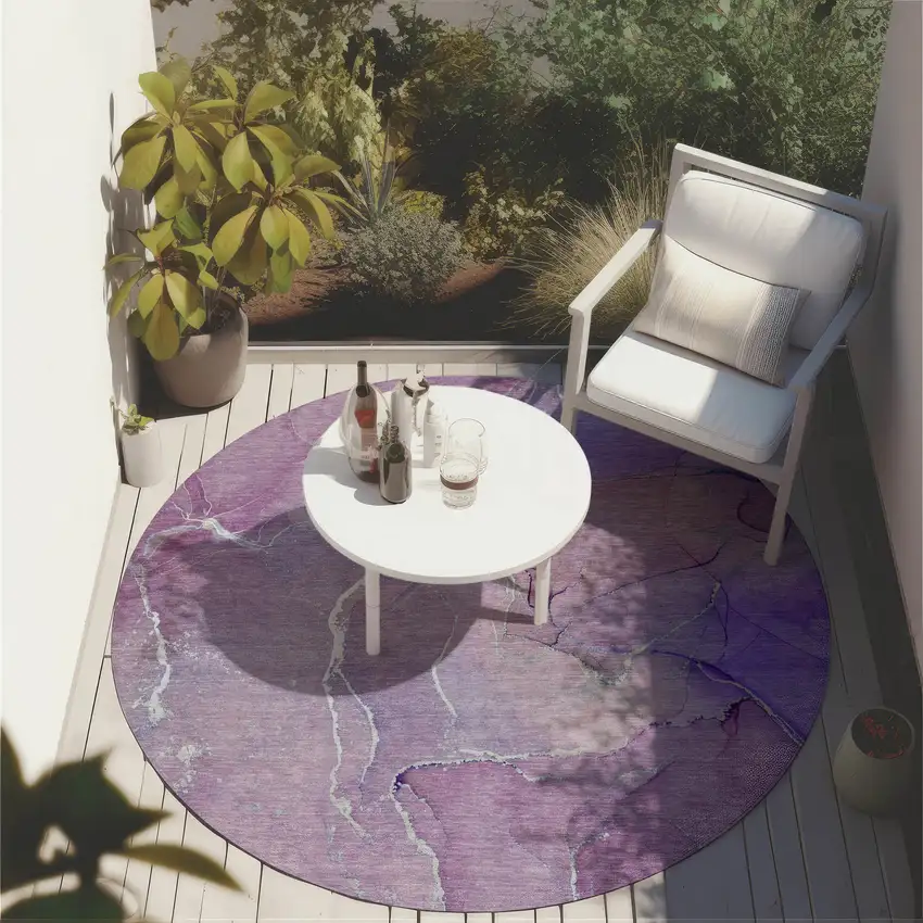 8' Round Purple Round Abstract Washable Non Skid Indoor Outdoor Area Rug Photo 8