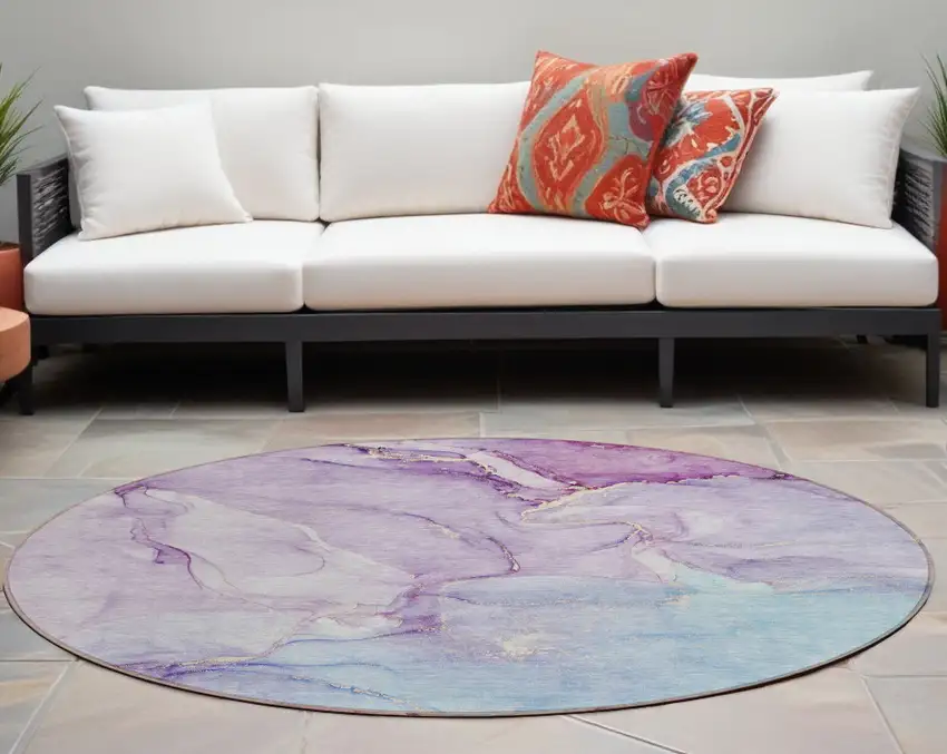 8' Round Purple Round Abstract Washable Non Skid Indoor Outdoor Area Rug Photo 1