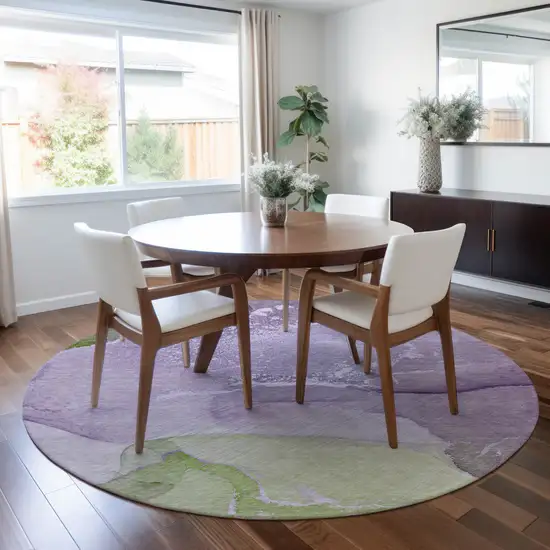 Purple Round Abstract Washable Non Skid Indoor Outdoor Area Rug Photo 9