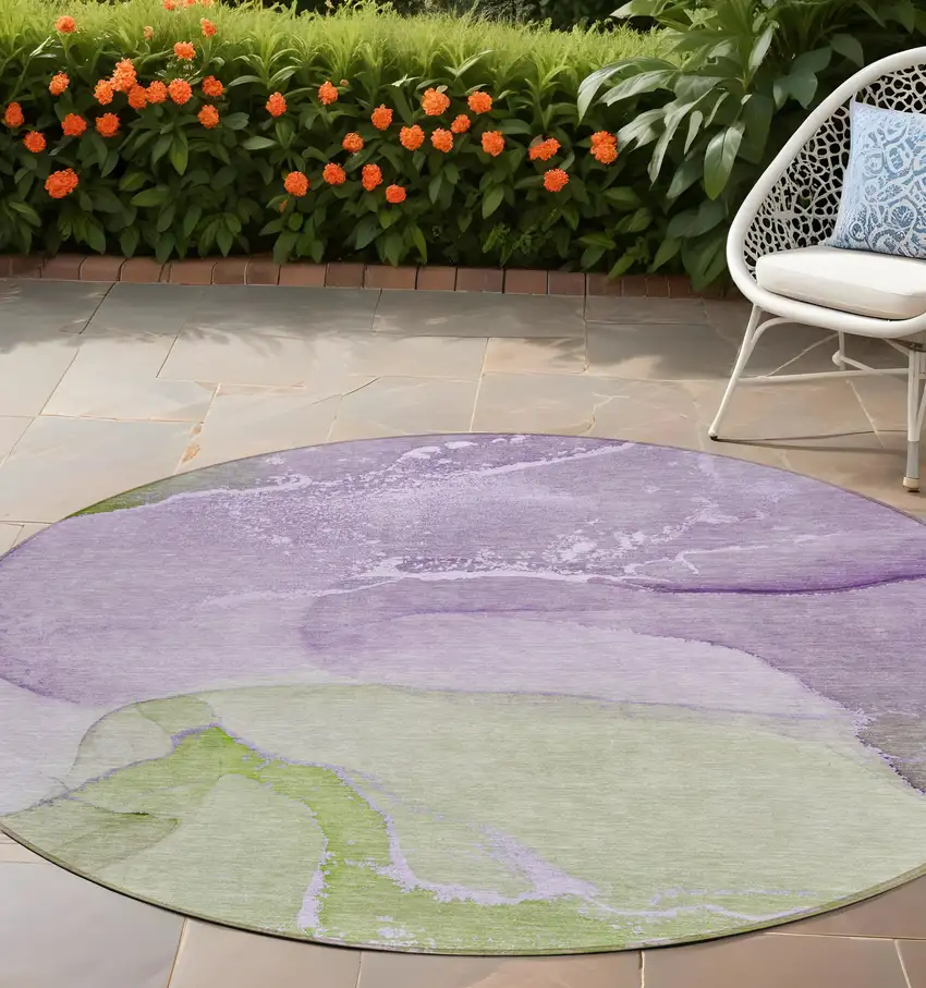 8' Round Purple Round Abstract Washable Non Skid Indoor Outdoor Area Rug Photo 1