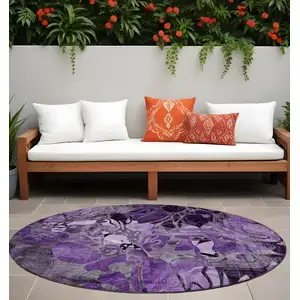 Photo of 8' Round Purple Round Floral Washable Non Skid Indoor Outdoor Area Rug