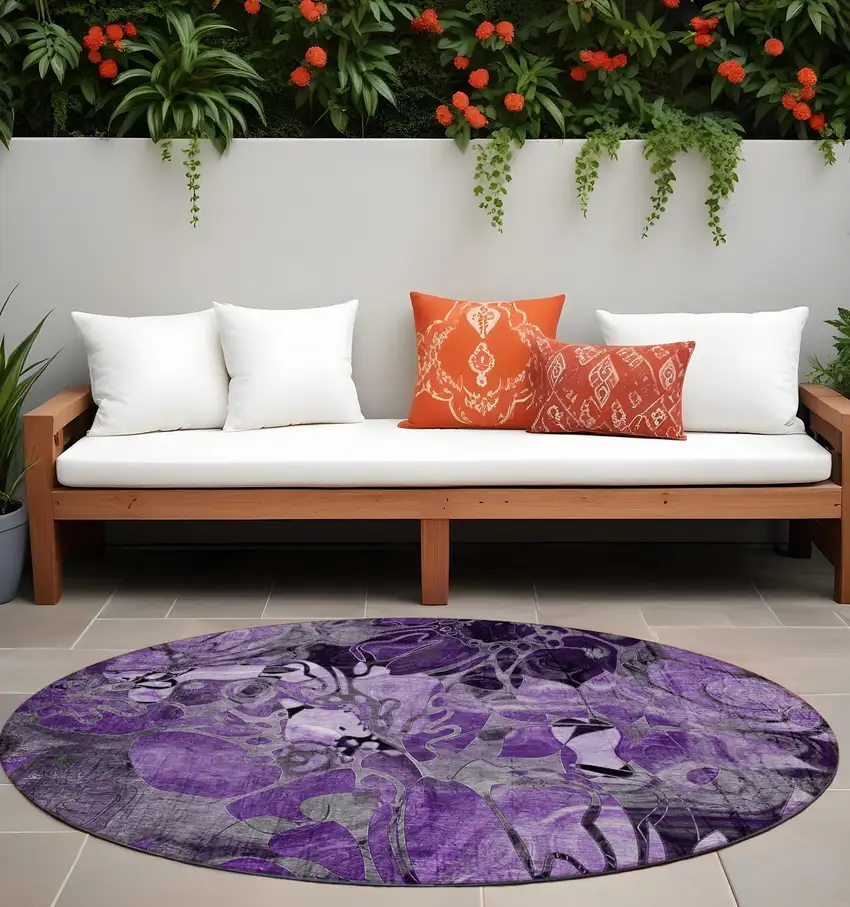 Purple Round Abstract Washable Indoor Outdoor Area Rug Photo 1