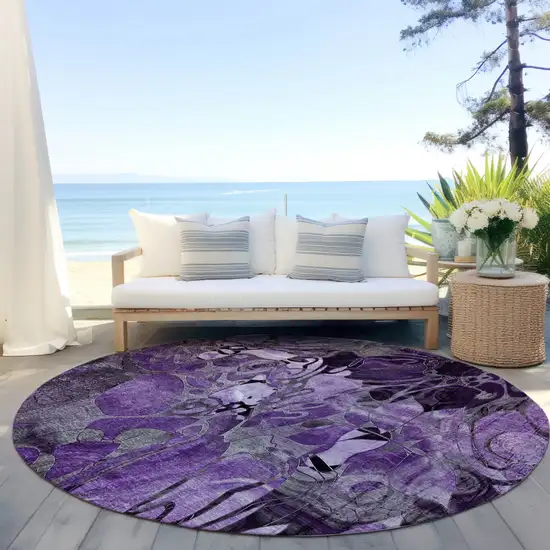Purple Round Abstract Washable Indoor Outdoor Area Rug Photo 6