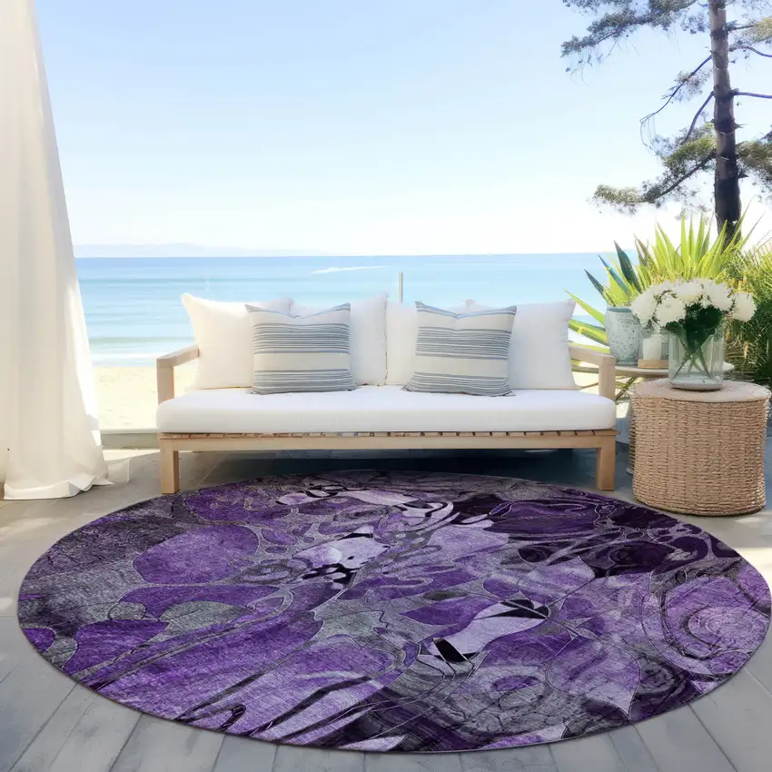 Purple Round Abstract Washable Indoor Outdoor Area Rug Photo 6