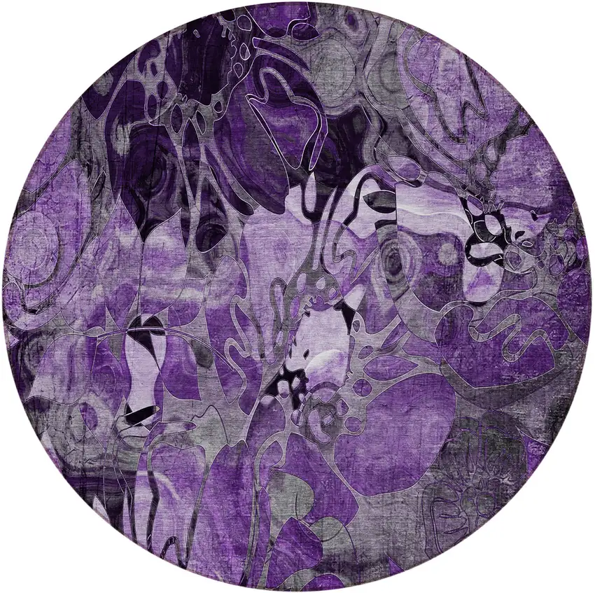 8' Round Purple Round Floral Washable Non Skid Indoor Outdoor Area Rug Photo 2