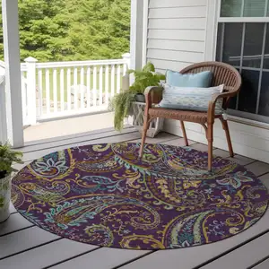 Photo of 8' Round Purple Round Paisley Washable Non Skid Indoor Outdoor Area Rug