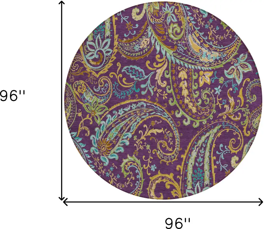 8' Round Purple Round Paisley Washable Non Skid Indoor Outdoor Area Rug Photo 9