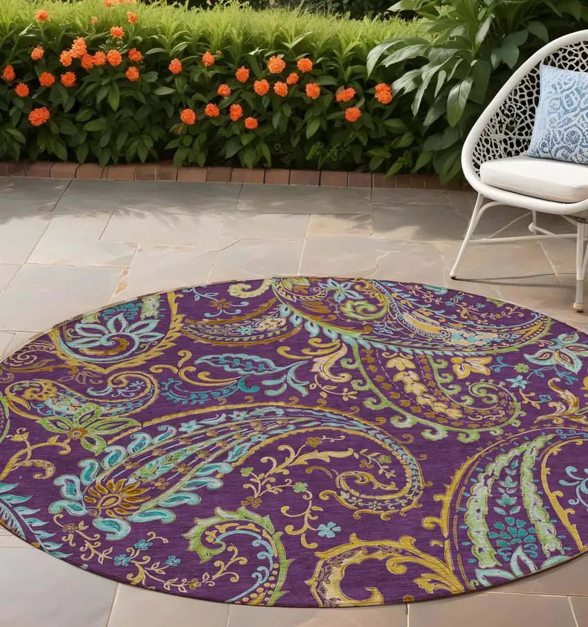 Purple Turquoise and Gold Round Paisley Washable Non Skid Indoor Outdoor Area Rug Photo 1