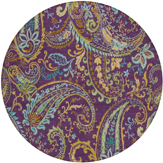 Purple Turquoise and Gold Round Paisley Washable Non Skid Indoor Outdoor Area Rug Photo 2