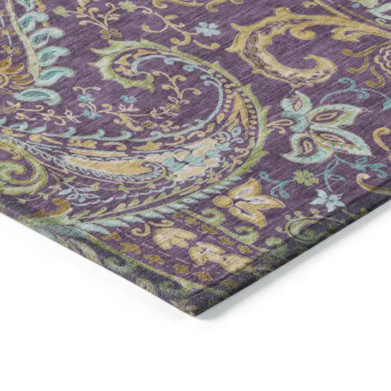 Purple Turquoise and Gold Round Paisley Washable Non Skid Indoor Outdoor Area Rug Photo 5