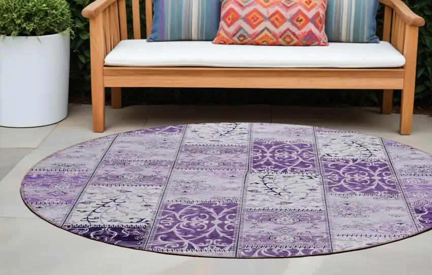 8' Round Purple Round Patchwork Washable Non Skid Indoor Outdoor Area Rug Photo 1