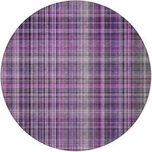 Photo of 8' Round Purple Round Plaid Washable Non Skid Indoor Outdoor Area Rug