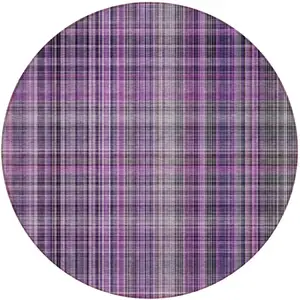 Photo of 8' Round Purple Round Plaid Washable Non Skid Indoor Outdoor Area Rug