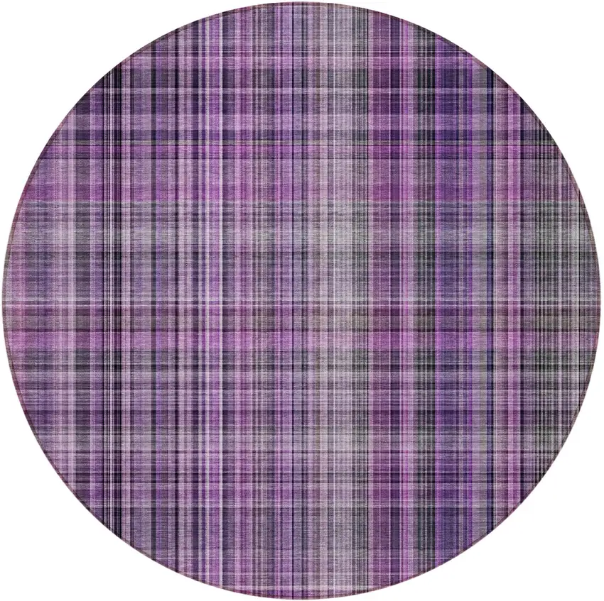 8' Round Purple Round Plaid Washable Non Skid Indoor Outdoor Area Rug Photo 4