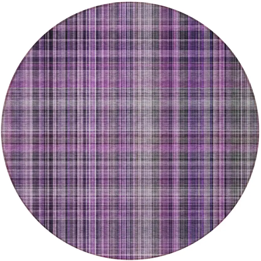 Purple Round Plaid Washable Non Skid Indoor Outdoor Area Rug Photo 5