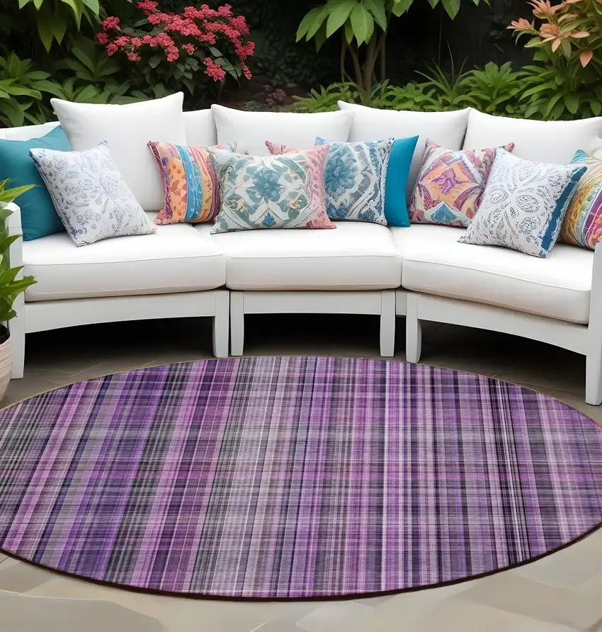 8' Round Purple Round Plaid Washable Non Skid Indoor Outdoor Area Rug Photo 1