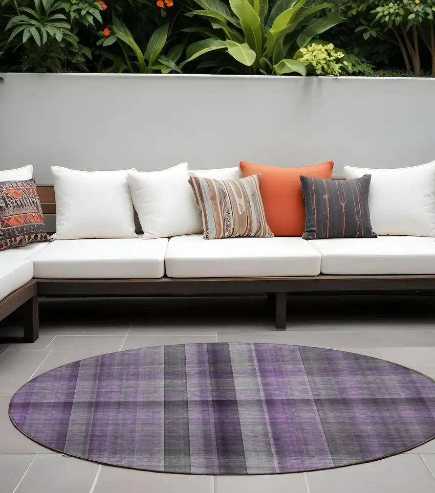 Purple Round Plaid Washable Non Skid Indoor Outdoor Area Rug Photo 1